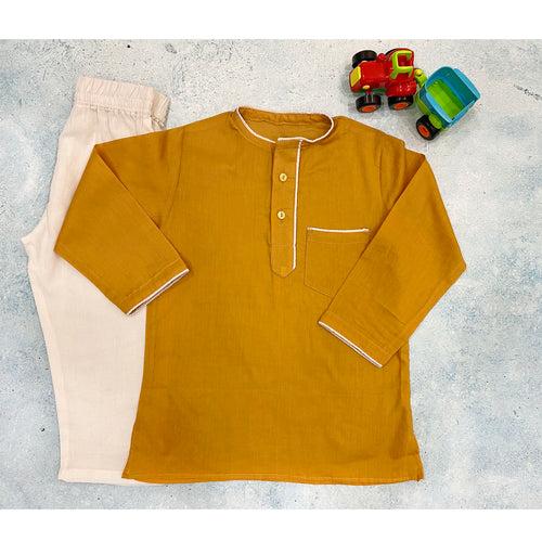 Festive Mustard Cotton Mul Kurta Pajama For Boys