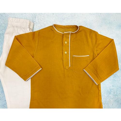 Festive Mustard Cotton Mul Kurta Pajama For Boys