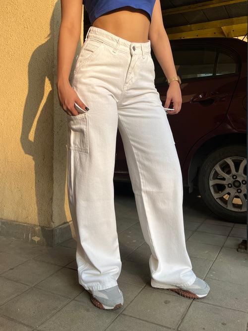 White Street Style Pocket High Waist Cargo Jeans