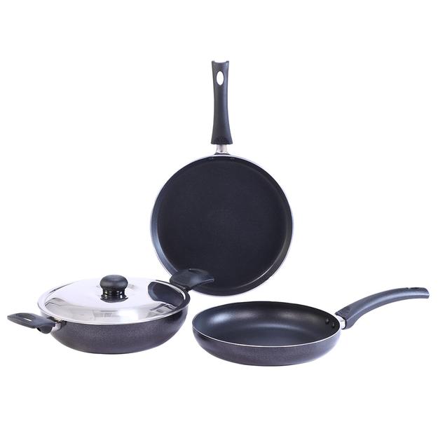 Wonderchef Renewed Platinum Plus Non-Stick Cookware Set of 4 | Kadhai with Glass Lid 24cm, Fry Pan 24cm & Dosa Tawa 25cm | Cool-Touch Bakelite Handle | Pure Grade Aluminium | PFOA Free | 1 Year Warranty | Black