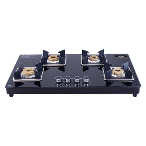 Octavia 4 Burner Glass Hob Top Auto Cooktop | 8mm Toughened Glass | Auto Ignition | Forged Brass Burners | Stainless Steel Drip Tray | Anti-Skid Legs | Large & Heavy Pan support | LPG compatible | Black steel frame | 2 Year Warranty | Black