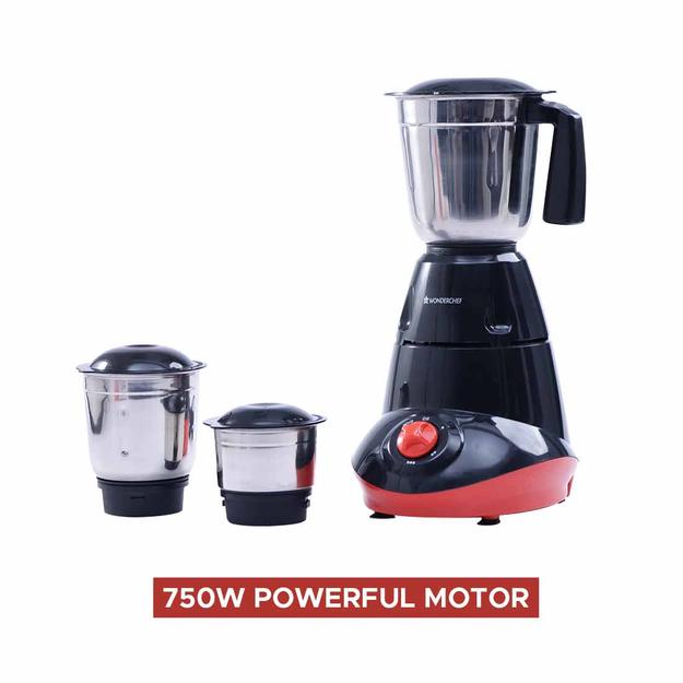 Wonderchef Renewed Capri Mixer Grinder 750W, 3 Stainless Steel Jars, Black & Red, 1 Year Warranty