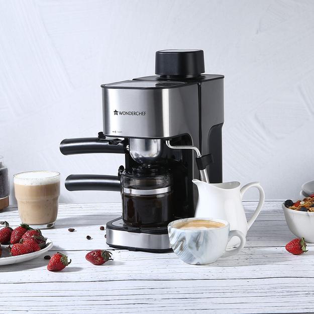 Wonderchef Renewed Regalia Espresso Coffee Maker 5 Bar I With Steamer for Cappuccino & Latte | Steam Tube for Froth I Metal Porta Filter & Heat-Resistant Carafe|Stainless Steel Body|Works with Coffee Powder| Black & Silver