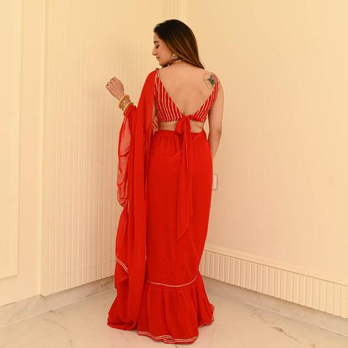 Bunaai Hot Red Georgette Draped Saree