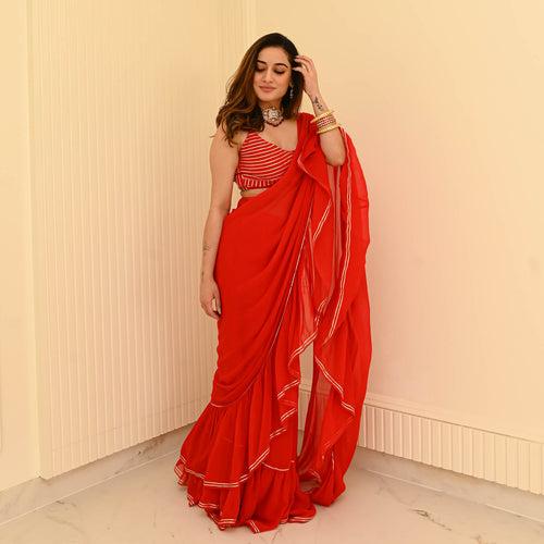 Bunaai Hot Red Georgette Draped Saree