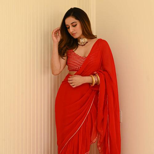 Bunaai Hot Red Georgette Draped Saree