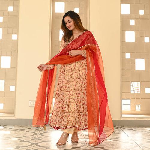 Bunaai Cream Red Floral Suit Set