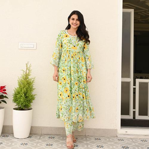 Bunaai Light Green Floral Schiffli Coord Set