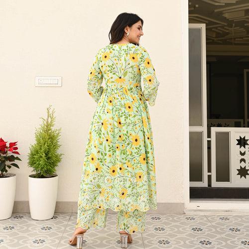 Bunaai Light Green Floral Schiffli Coord Set