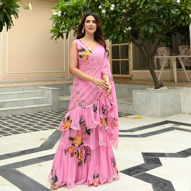 Bunaai Prism Pink Draped Saree with Blouse