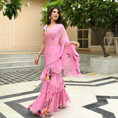 Bunaai Prism Pink Draped Saree with Blouse