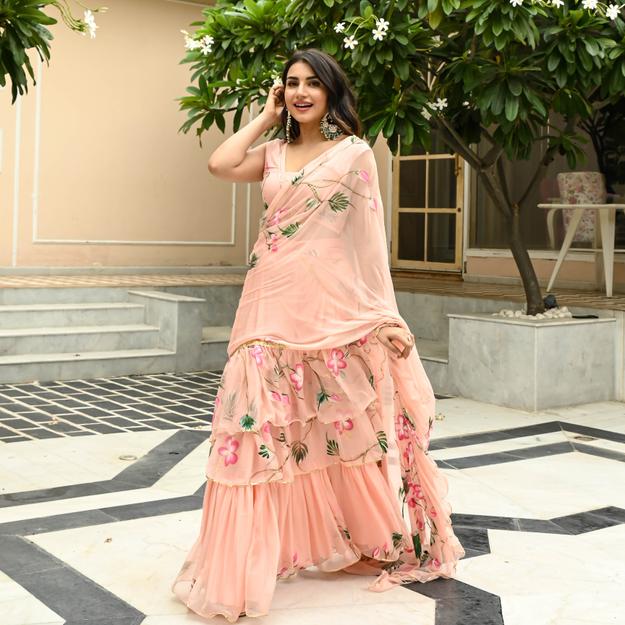 Peach Pearl Draped Saree with Blouse