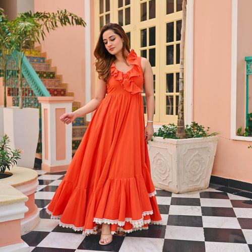 Bunaai Orange Rose Cotton Dress