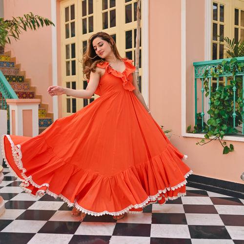 Bunaai Orange Rose Cotton Dress