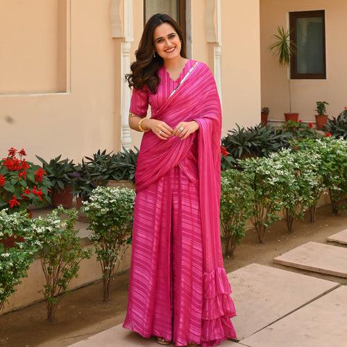 Pink Satin Strips Draped Saree