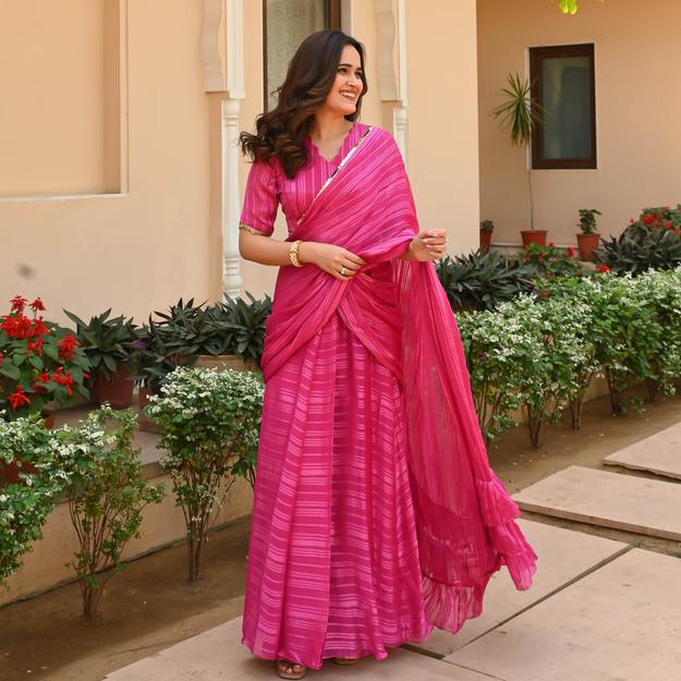 Pink Satin Strips Draped Saree