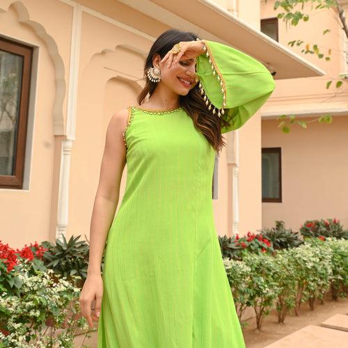 Bunaai Pear Green Lurex Kurta Set