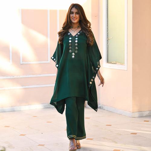 Bunaai Basil Mirror Work Kaftan Set