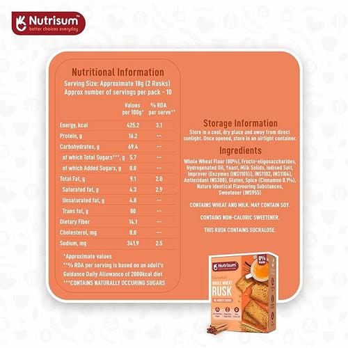 Nutrisum Premium Whole Wheat Rusk Cinnamon Flavour, High Fiber, Refined Sugar Free, Tea Toasts 180 gms (Pack of 2)