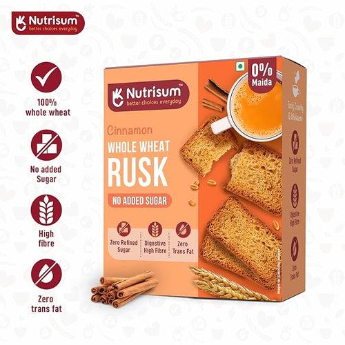 Nutrisum Premium Whole Wheat Rusk Cinnamon Flavour, High Fiber, Refined Sugar Free, Tea Toasts 180 gms (Pack of 2)