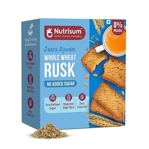 Nutrisum Premium Whole Wheat Rusk Jeera & Ajwain Flavour, High Fiber, Refined Sugar Free, Tea Toasts 180 gms (Pack of 2)