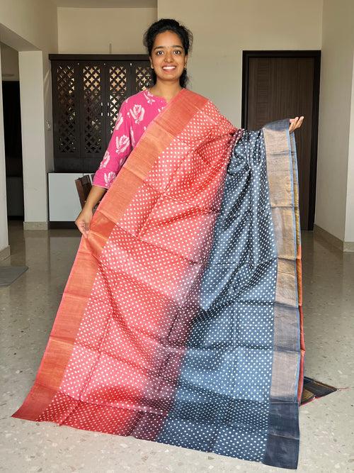 Peach and Grey Tussar Silk Saree with Prints