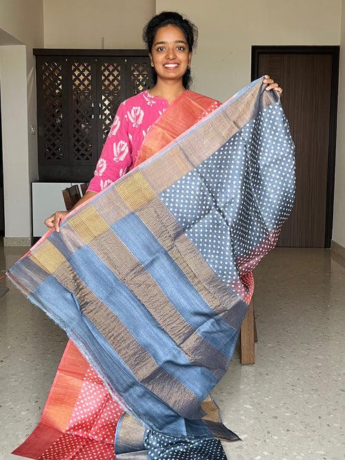 Peach and Grey Tussar Silk Saree with Prints