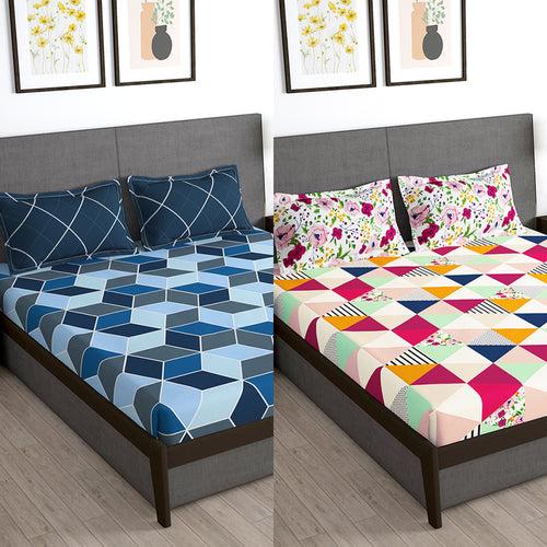 Story@Home 2 Pcs Arena Microfiber Double Bedsheets Combo With 4 Pillow Covers - Blue & Multicolor