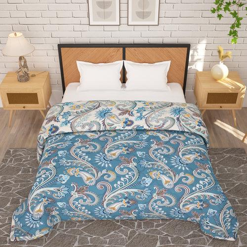 180 GSM Blue Floral Microfiber Fusion Reversible Double / Single Comforter