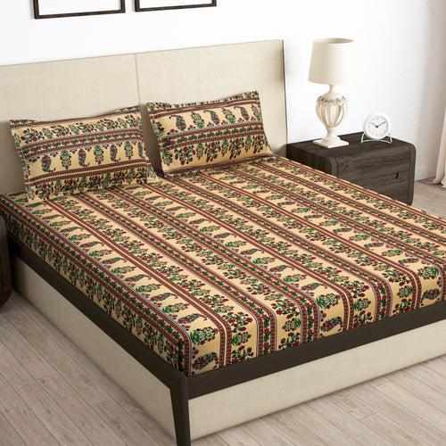 Arena 186 TC Beige Double Size Fitted Bedsheet With 2 Pillow Cover