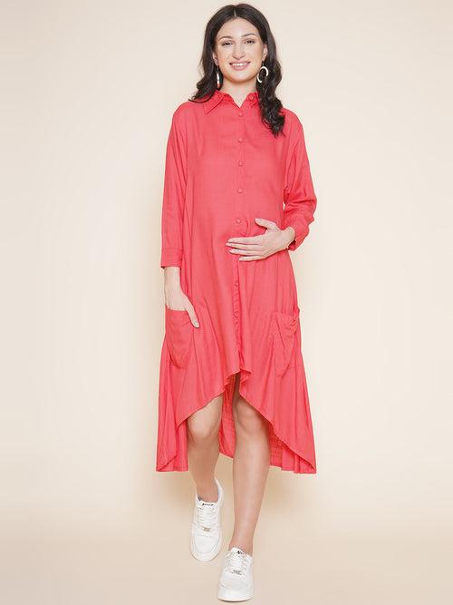 Mine4Nine Women's Solid Orange Shirt Collar Maternity & Nursing dress