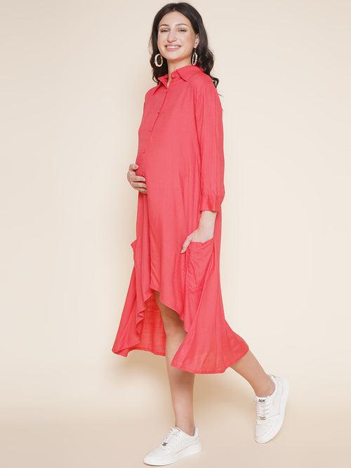 Mine4Nine Women's Solid Orange Shirt Collar Maternity & Nursing dress