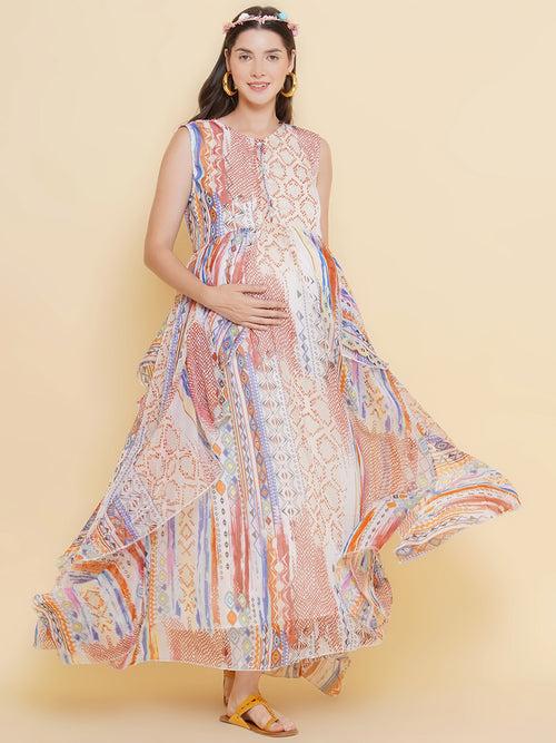 Multicolor Printed Maxi Baby Shower Dress