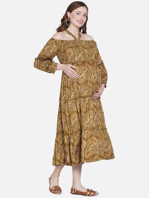 Brown Floral Print Maternity and Nursing Midi Dress