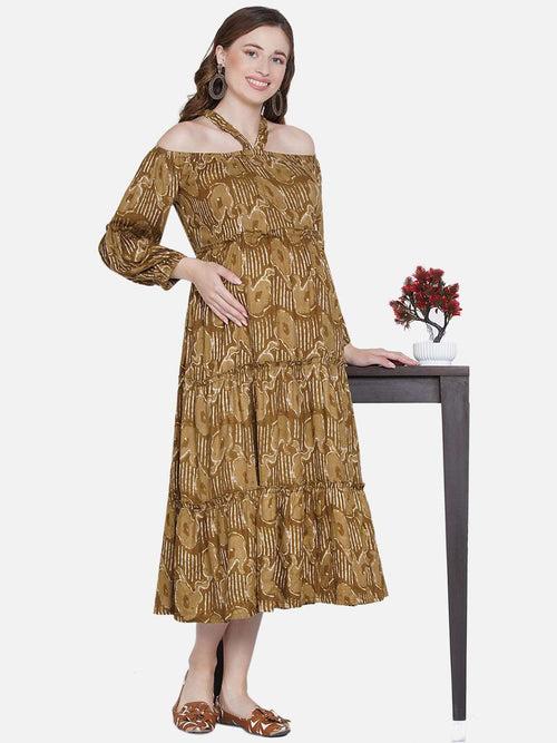 Brown Floral Print Maternity and Nursing Midi Dress