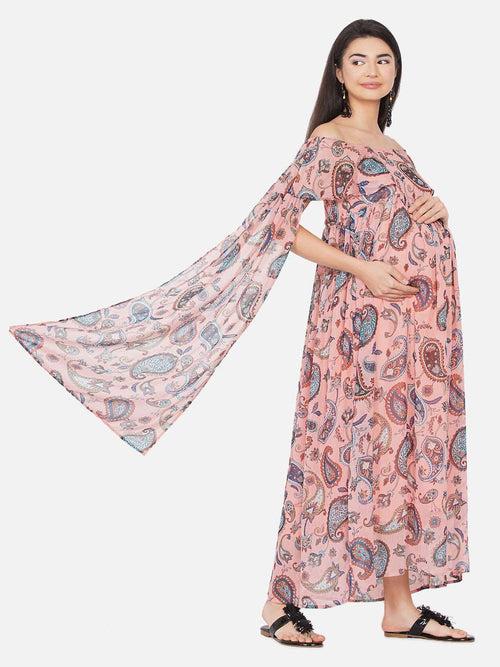 Maxi Baby Shower Dress Floral Print Peach Color