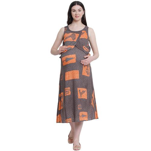 Orange Abstract Print Maternity and Nursing Midi Dress