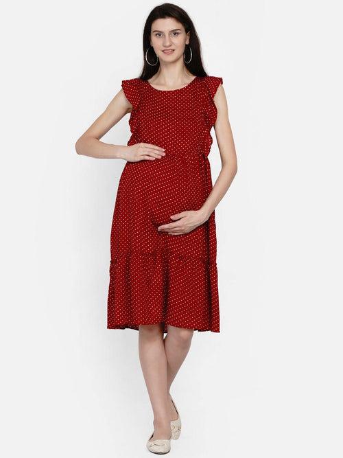 Red Polka Print Maternity and Nursing Midi Dress