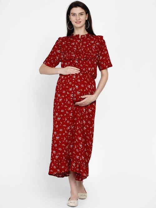 Maroon Floral Print Maternity and Nursing Midi Dress