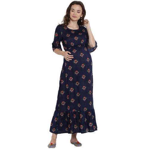 Navy Blue Floral Print Maternity and Nursing Maxi Dress