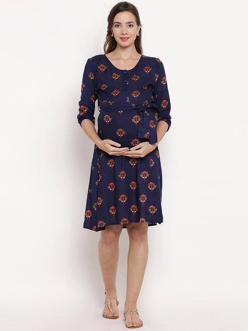 Blue Floral Print Maternity and Nursing Midi Dress