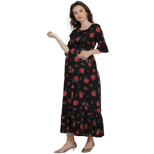 Black Floral Print Maternity Maxi Dress