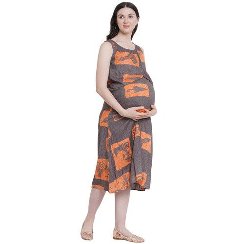 Orange Abstract Print Maternity and Nursing Midi Dress