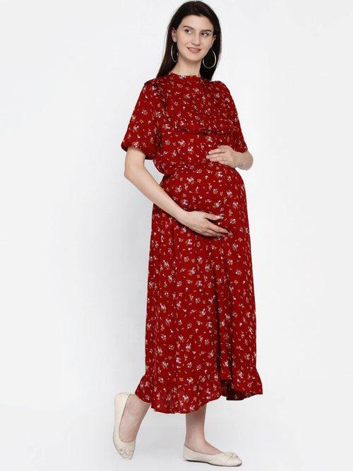 Maroon Floral Print Maternity and Nursing Midi Dress