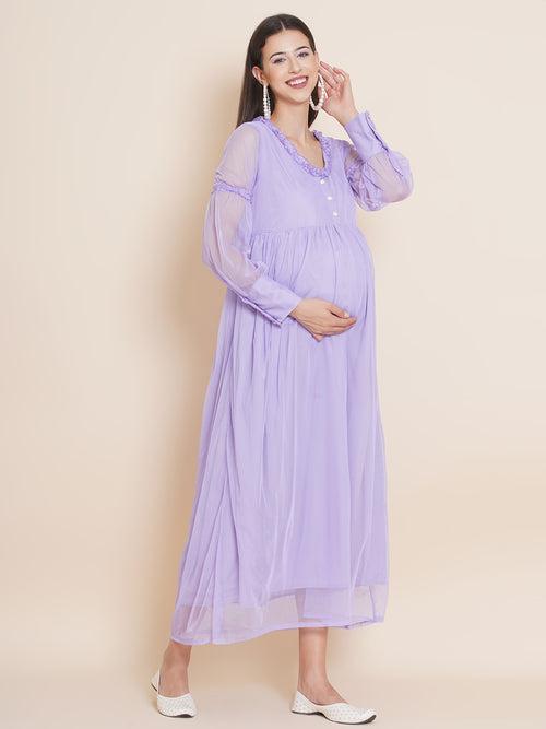 Maternity Solid Lavender Color Maxi Baby Shower Dress