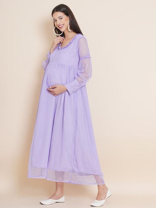 Maternity Solid Lavender Color Maxi Baby Shower Dress