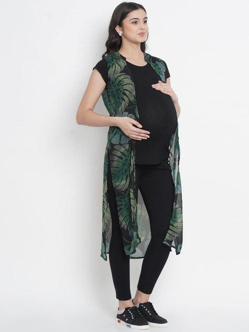 Black A-Line Leaf Print Long Maternity Shrug