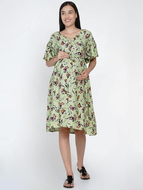 Green Floral Fit and Flare Midi Rayon Maternity & Nursing Dress