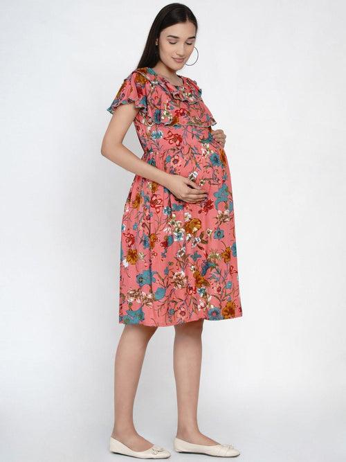 Dark pink multicolor floral ruffled Midi Rayon Maternity & Nursing layered Dress