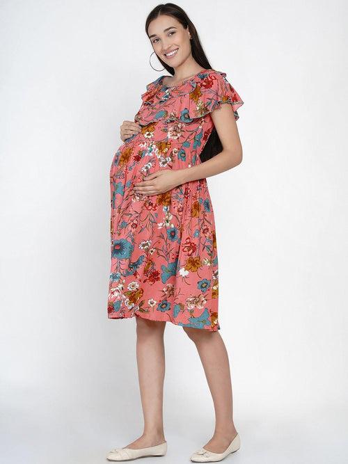 Dark pink multicolor floral ruffled Midi Rayon Maternity & Nursing layered Dress